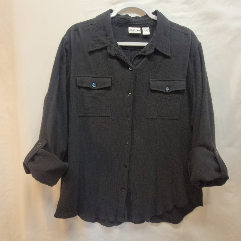 Chico's Black Crinkle Gauze Cotton Button Down Roll Tab Shirt Size 2 Large - Picture 2 of 10